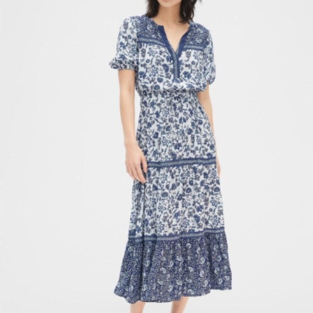 GAP Blue White Floral Short Sleeve Tie Waist Tiered Maxi Dress XS